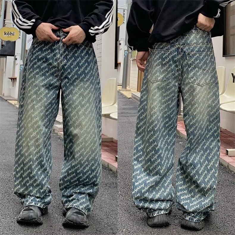美式休闲痞帅提花满印牛仔裤男直筒阔腿长裤1001-1-N761-P53,男装牛仔裤,星座1001-1