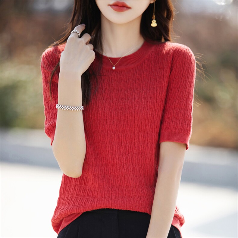 夏季新款100%纯棉针织短袖女圆领提花针织半袖T恤打底衫宽松上衣,针织衫/毛衣,彩羽羊绒
