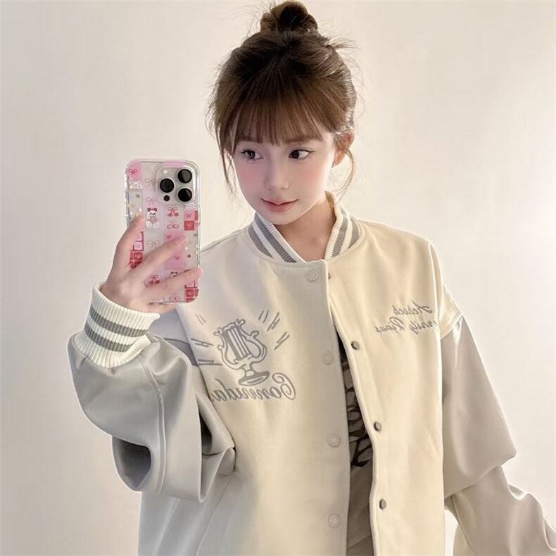 美式高街撞色字母印花棒球服外套女秋冬新款宽松休闲夹克情侣上衣,男装夹克,星座506A