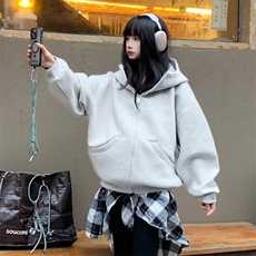 抖音得物高品质26春装美式高街重磅宽松结构高领连帽卫衣外套W60，女装短外套，电商A486-1