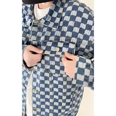 休闲大码宽松棋盘格男女拼色牛仔外套夹克J3736-P57【特价】，男装工装外套，电商A007