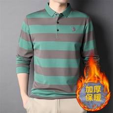 2022爸爸装秋冬季长袖t恤男士翻领POLO衫打底条纹上衣服加绒体恤，男装T恤，钱塘6003（原4033）