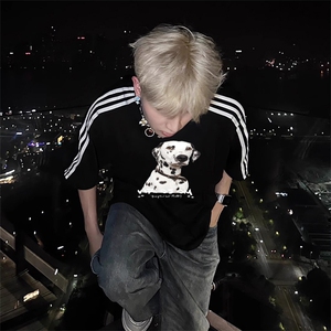 抖音得物高品质二开240克宽松纯棉美式潮牌三条杠织带短袖T恤图片