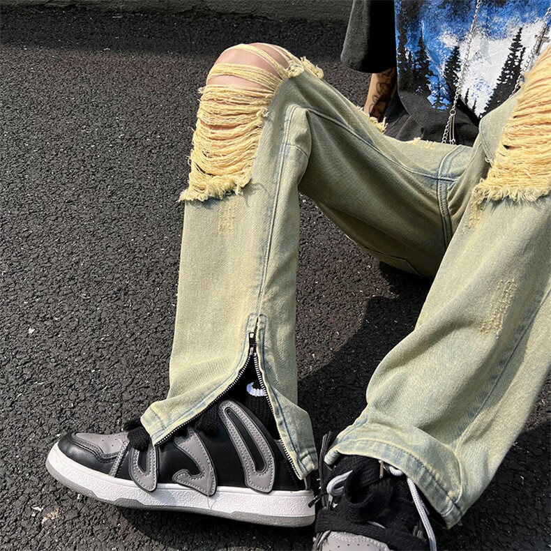 B221泥黄色高街小众ins美式拉链破洞牛仔裤子LK22041-P55控68,男装牛仔裤,电商B221