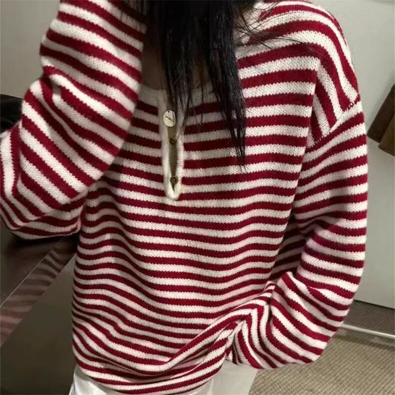 秋冬新款羊毛衫女圆领毛衣条纹长袖保暖套头针织打底衫,女装羊毛衫,锦瑟羊绒