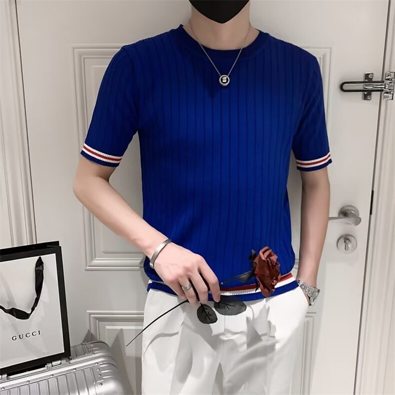 条纹冰丝短袖针织衫男修身薄款圆领套头半袖毛衣打底T恤衫潮S243,男装T恤,星座1116A-2（原606A-1）