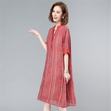 2021夏季新款简约时尚气质V领休闲舒适条纹文艺连衣裙，女装连衣裙，叶笙衣