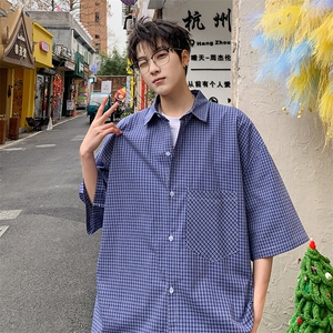 格子短袖衬衫男夏季新款港风宽松纯棉衬衣DX101-P35图片