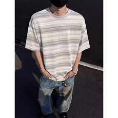 美式灰白撞色条纹短袖男款夏季cleanfit潮牌正肩T恤螺纹领口半袖，男装T恤，星座506A