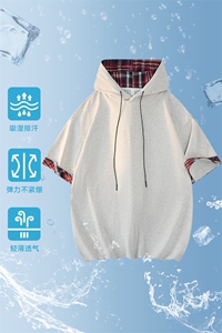 2025可二开美式格子撞色拼接连帽假两件短袖T恤TC31991-P30图片