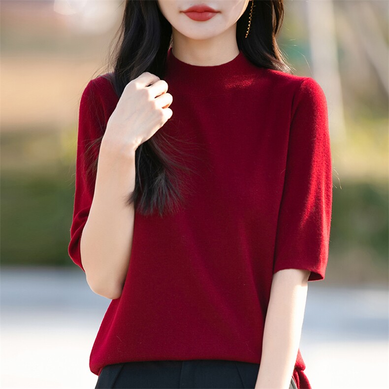 春夏季新款半高领五分袖羊毛衫女打底纯色针织短袖T恤宽松上衣,针织衫/毛衣,佳绒包芯纱店