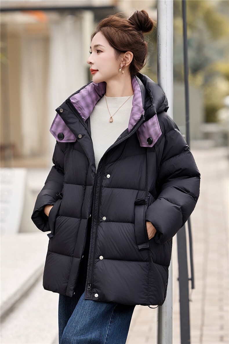 时尚撞色拼接90白鸭绒羽绒服2025冬季新款加厚连帽羽绒外套,女装羽绒服,沁沁公主