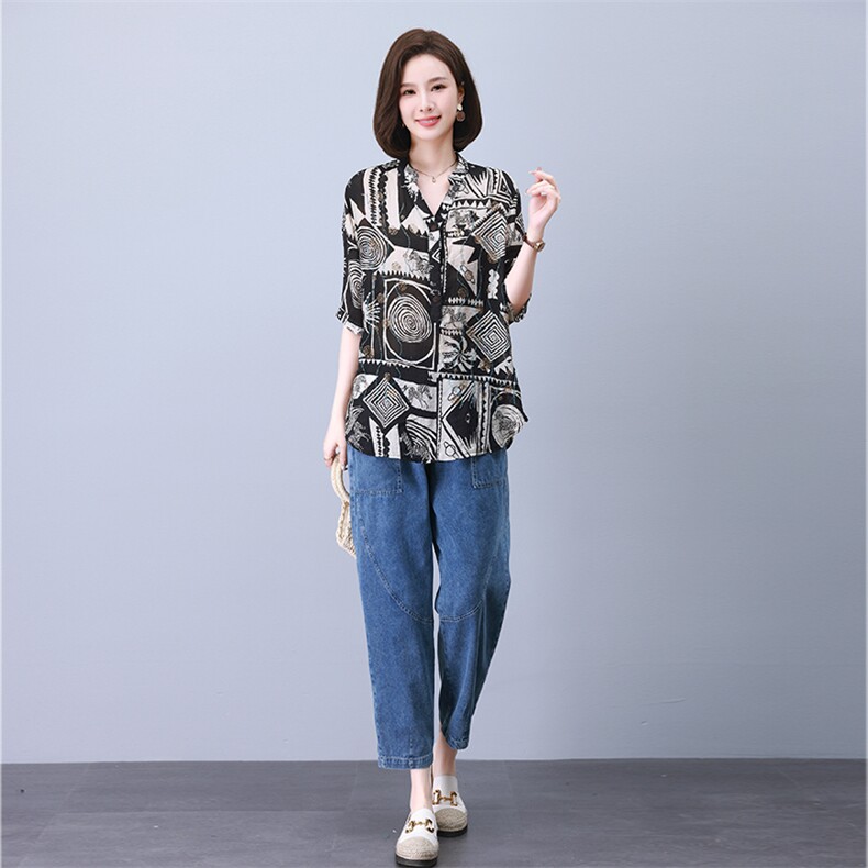 时尚拼接印花镶钻套装宽松显瘦气质女装优雅百搭休闲上衣,女装套装/套裙,叶笙衣