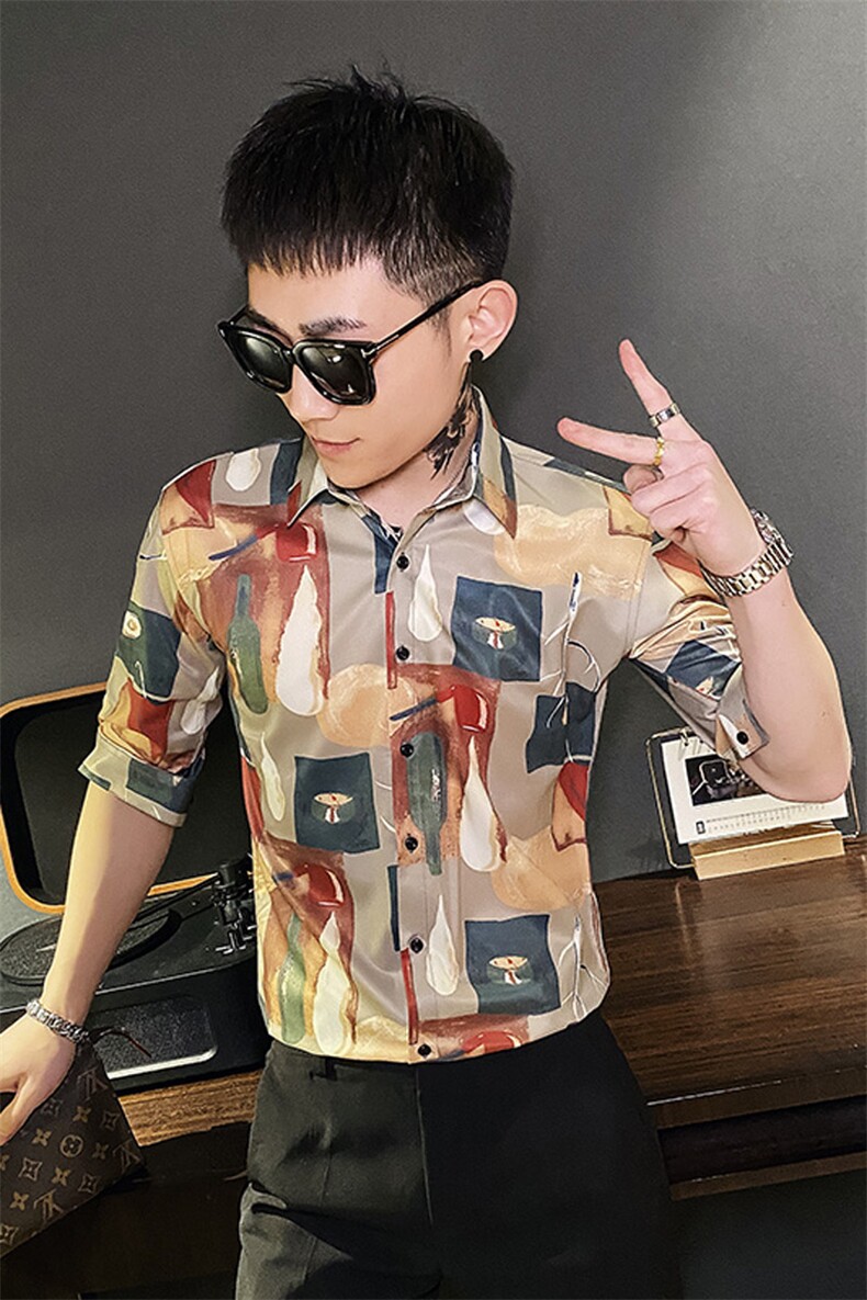 312A-120-P55新款社会小伙中袖衬衫韩版潮流男士五分袖衬衣B,男装T恤,星座312A-5