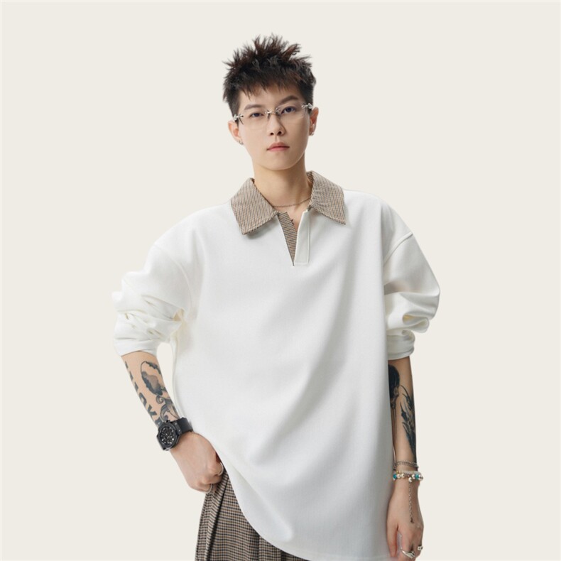 美式高街千鸟格翻领polo衫男女秋正肩长袖假两件卫衣SZW12P32,男装卫衣,星座1112-1