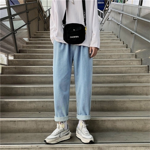 松紧腰浅色港风休闲牛仔裤男士潮牌松阔腿裤子1008