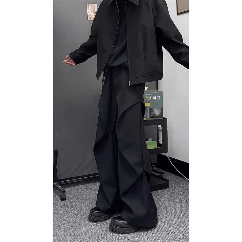 黑色弯刀裤子男生春秋季褶皱设计西装裤子高级感潮牌宽松直筒长裤,男装西裤,星座911-1