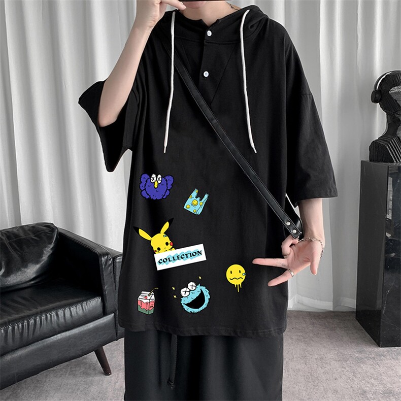 LD54079-P45连帽短袖t恤男大码胖子带帽五分袖中袖,男装T恤,电商A040
