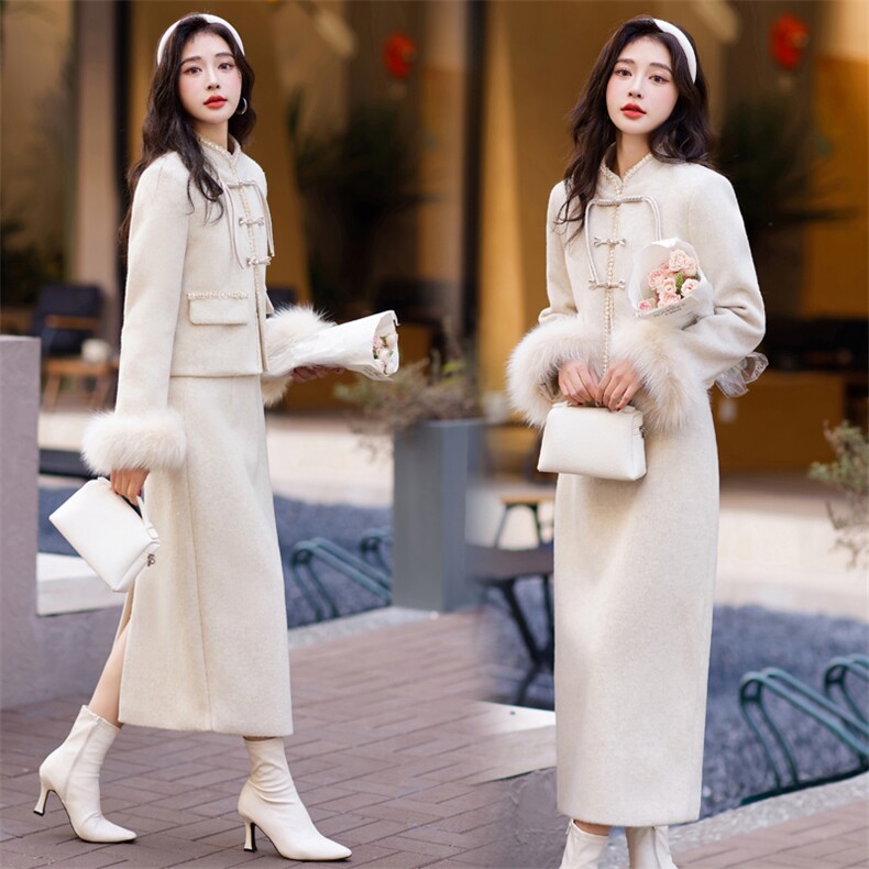 【新中式现货】2024新款冬装羽绒服套装白鸭绒袖毛真狐狸毛含20毛,女装羽绒服,雅静靓衣