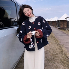 设计感藏青色印花毛呢外套女秋冬超火好看高级小众加厚短夹克上衣，女装短外套，2D145