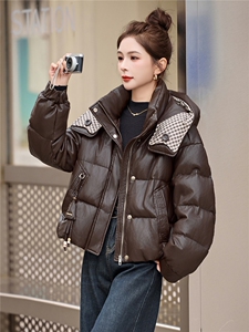 2025年冬季pu皮90白鸭绒连帽羽绒服图片