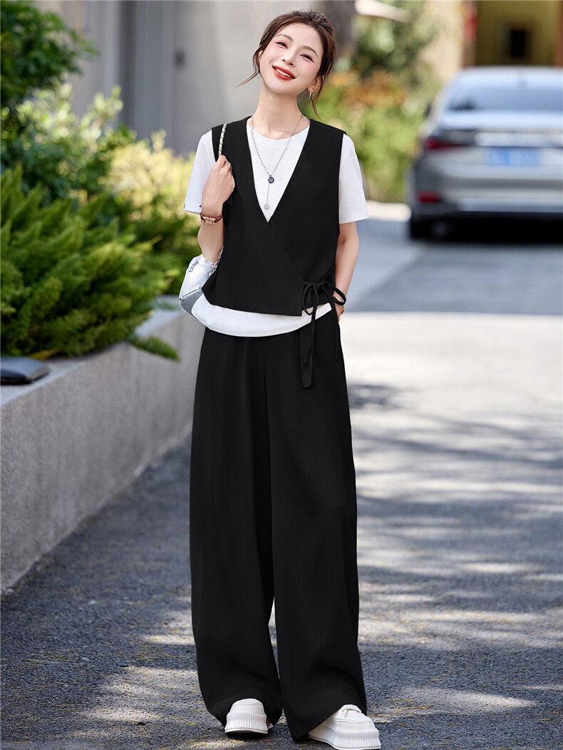 韩系减龄三件套女2026年夏季新款气质松弛感小个子短袖马甲阔腿裤,女装套装/套裙,拾衣