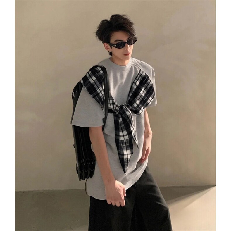 拼接格子布装饰高品质260克双纱纯棉美式高街短袖T恤特P35，男装T恤，电商A486