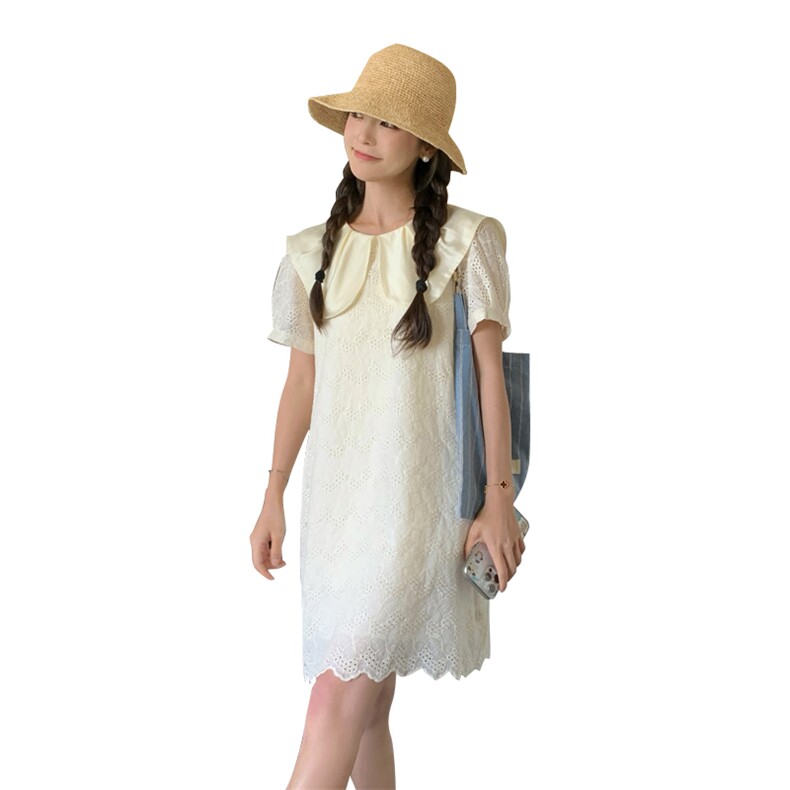 温柔风娃娃领小白裙女夏季新款蕾丝刺绣初恋甜美减龄小个子连衣裙,女装连衣裙,帛香坊