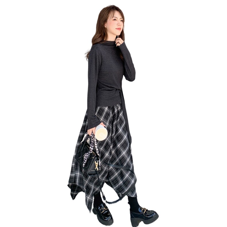 时尚设计感上衣不规则格子半身裙两件套女2025年秋季新款韩版套装,女装套装/套裙,2C233