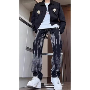 黑色扎染牛仔裤男潮牌痞帅炸街裤子设计感美式高街vibe直筒微喇裤图片