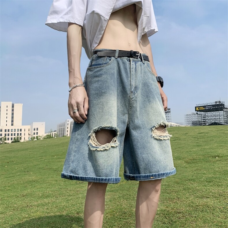 美式vibe牛仔短裤男士宽松阔腿破洞水洗五分裤NZK0234-批38控58,男装牛仔裤,星座617B