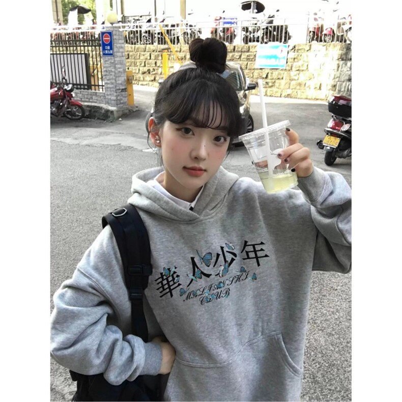 CX293-P51纯棉美式覆古灰色连帽卫衣女2025新款设计感小众,男装卫衣,电商B323A