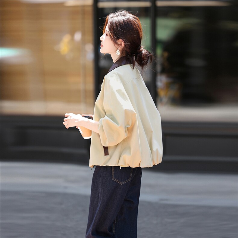 撞色短款风衣外套女2025年秋季新款韩版休闲长袖宽松风衣外套,女装风衣,鑫源服饰