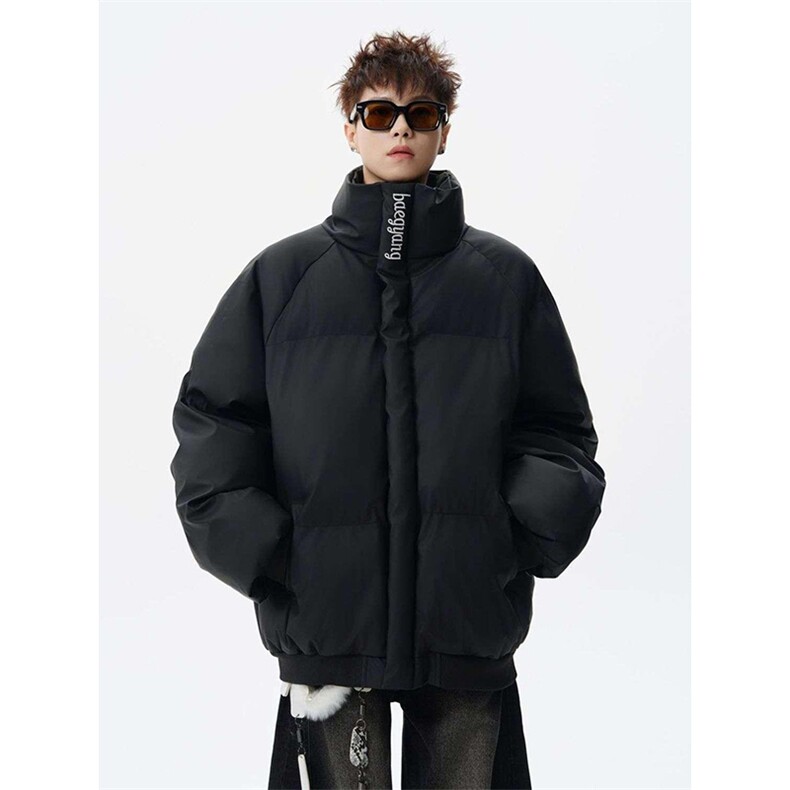 现货冬季三防重磅硬挺boxy短款羽绒刺绣立领PU皮棉衣外套加厚棉服，男装棉衣，电商A486-1
