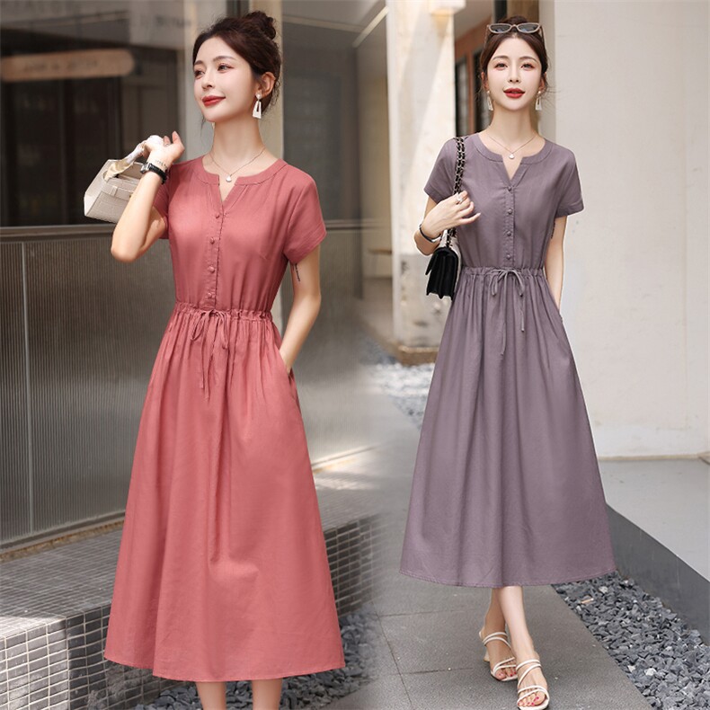 中长款棉麻连衣裙女2024夏季新款收腰气质显瘦高端减龄裙子a字裙，女装连衣裙，鑫思依格