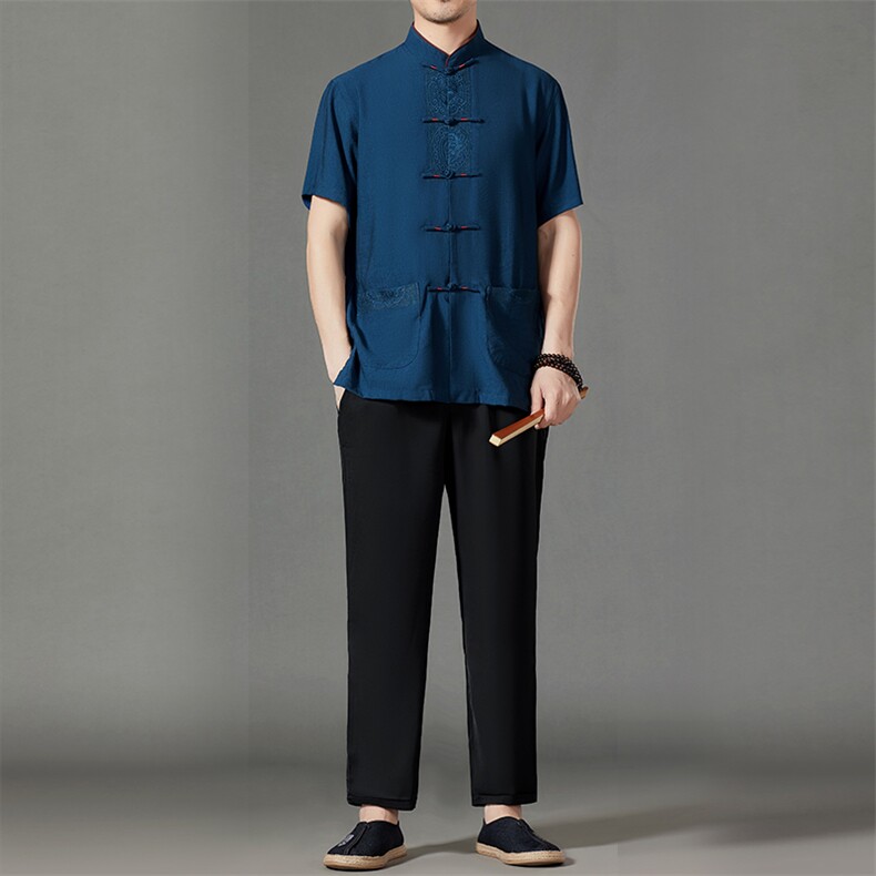 2026夏季薄款高端风冰丝短袖衬衫套装唐装汉服HL23811-P120,男装休闲套装,星座1105-3