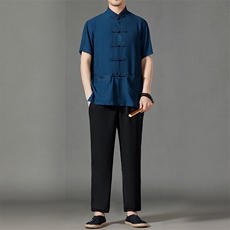 2026夏季薄款高端风冰丝短袖衬衫套装唐装汉服HL23811-P120，男装休闲套装，星座1105-3