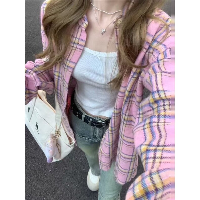 森系甜美粉色格纹衬衫女早秋中厚宽松休闲显瘦中长款衬衣外穿开衫,男装衬衫,星座1210-1