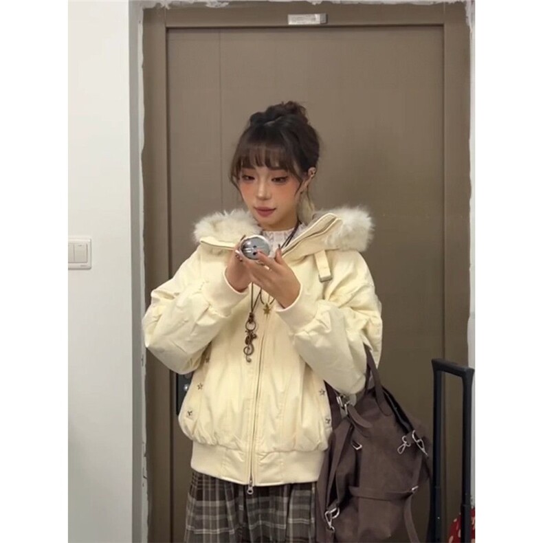 小个子日系度假出行风杏色棉服外套冬季2025新款氛围感设计棉衣图片