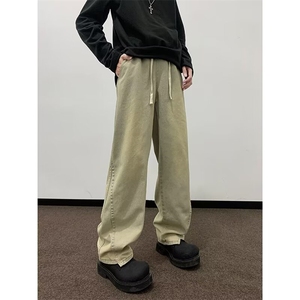 美式复古黄泥染牛仔裤男春秋vibe微喇高街直筒青少年拼接休闲裤子图片