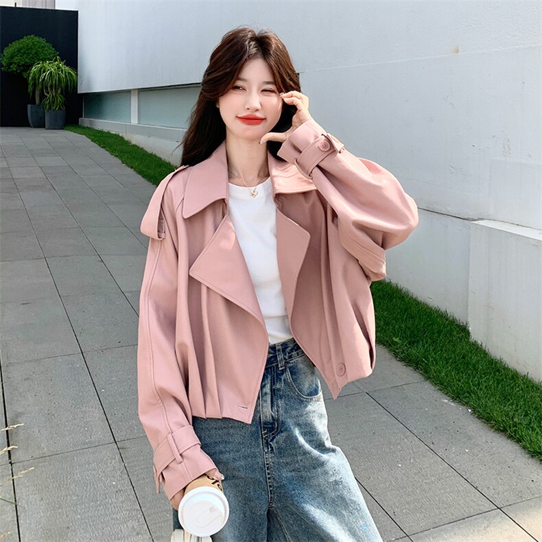 甜酷粉色减龄短款外套女2025春秋季新款韩版休闲百搭显瘦夹克风衣,女装皮衣,2C007