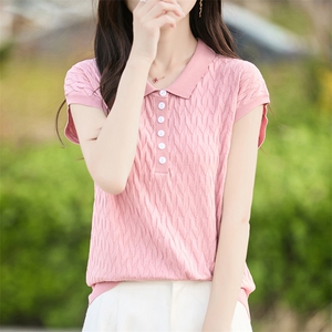 14针天丝翻领6扣短袖女图片