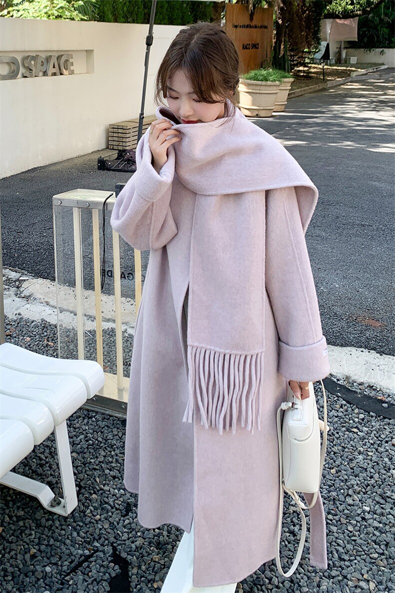紫色高级感长款过膝双面羊毛大衣女2025冬季新款气质围巾毛呢外套,女装双面呢大衣,韩蜜菓