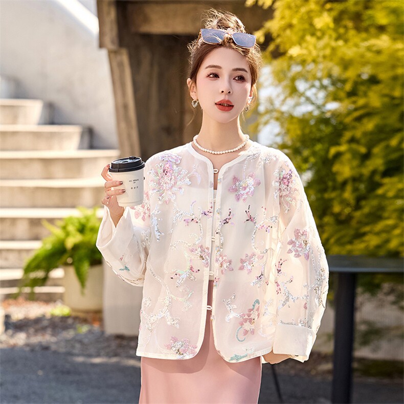 重工珠片钉珠刺绣薄款外套女2025夏季新款时尚宽松国风防晒衣开衫,女装短外套,韩宇舍