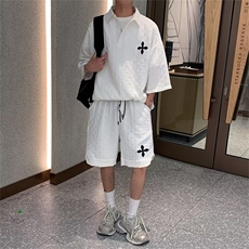 2023港风文艺休闲套装男春夏宽松潮流两件套短袖T恤五分裤，男装休闲套装，星座716-3