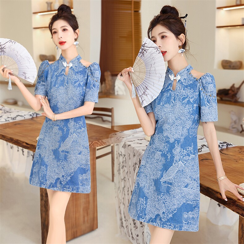 牛仔旗袍连衣裙女夏季2025新款独特夏日漂亮掐腰改良短袖中式裙子，女装连衣裙，时尚风爆