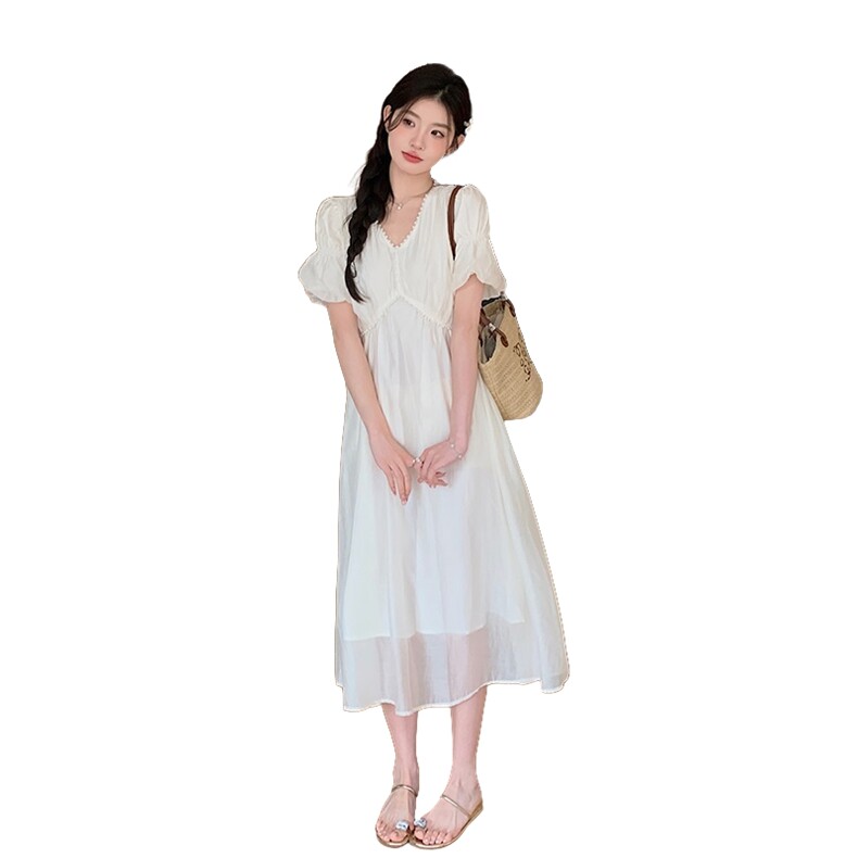 法式连衣裙女夏季2025年新款高级感收腰显瘦v领泡泡袖长裙,女装连衣裙,2C218