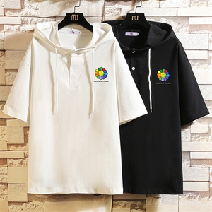 LD54101-P45 连帽短袖t恤男大码胖子带帽五分袖中袖 砖墙挂拍图片