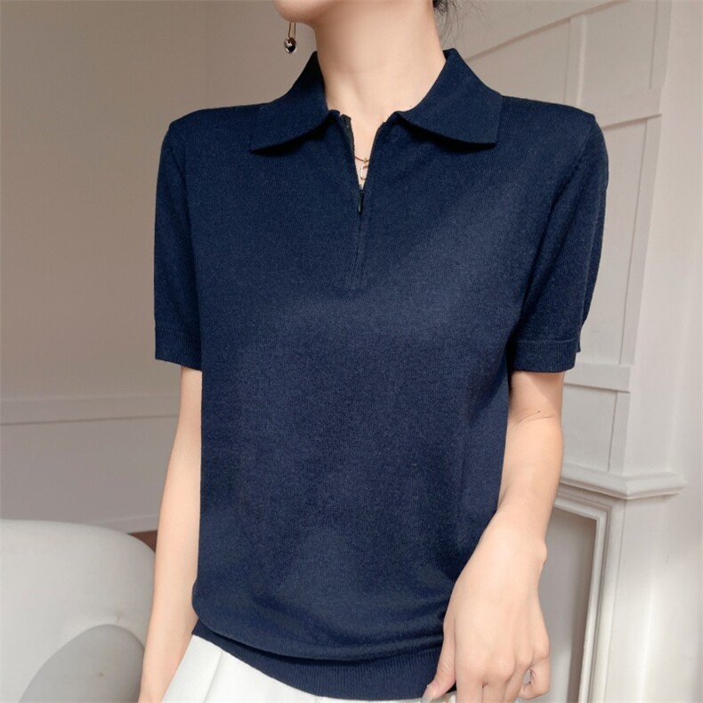 夏季新款时尚气质百搭简约女士翻领舒适短袖，女装T恤，雪真羊绒