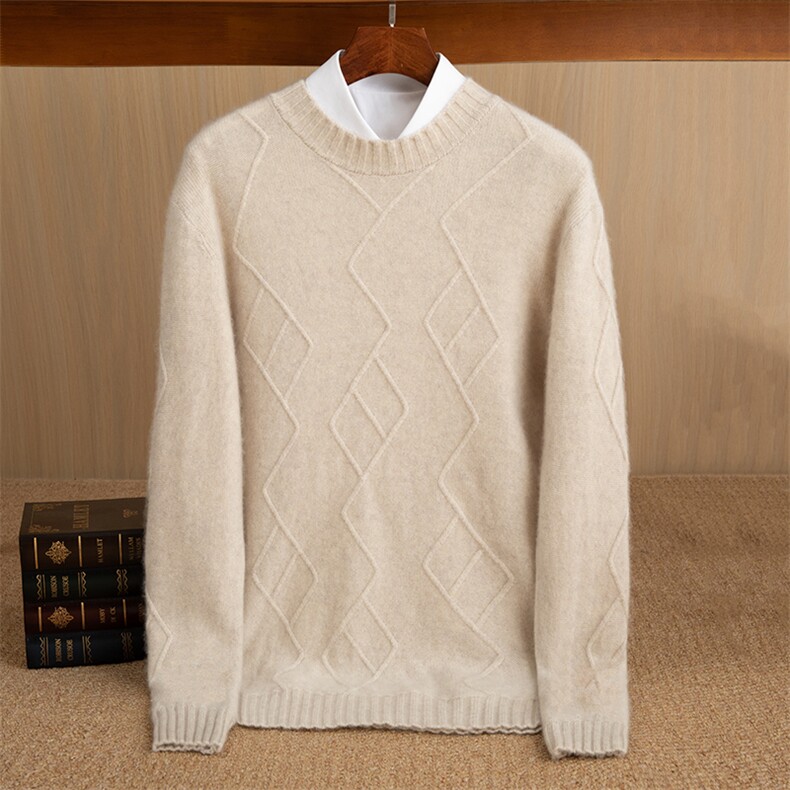 秋冬季35%羊绒休闲七针加厚菱形圆领羊绒衫男装，男装羊绒套衫，佑昭祥羊绒